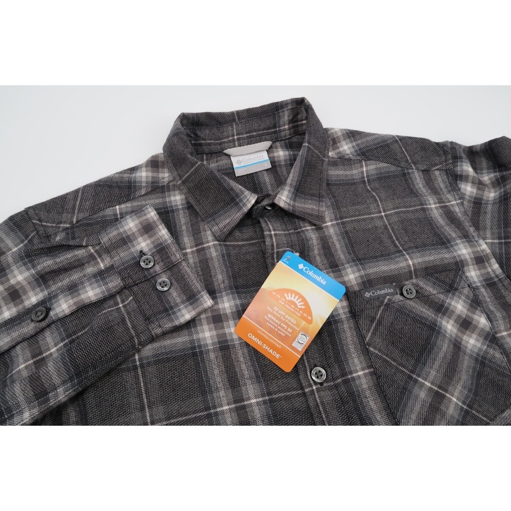 Columbia Mens Small Country Line Shirt Gray Black‎ Plaid Flannel Omni Shade New